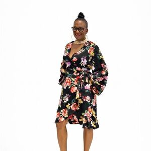 New York & Company Pink and Yellow Fit and Flare Dress with Bishop Sleeves